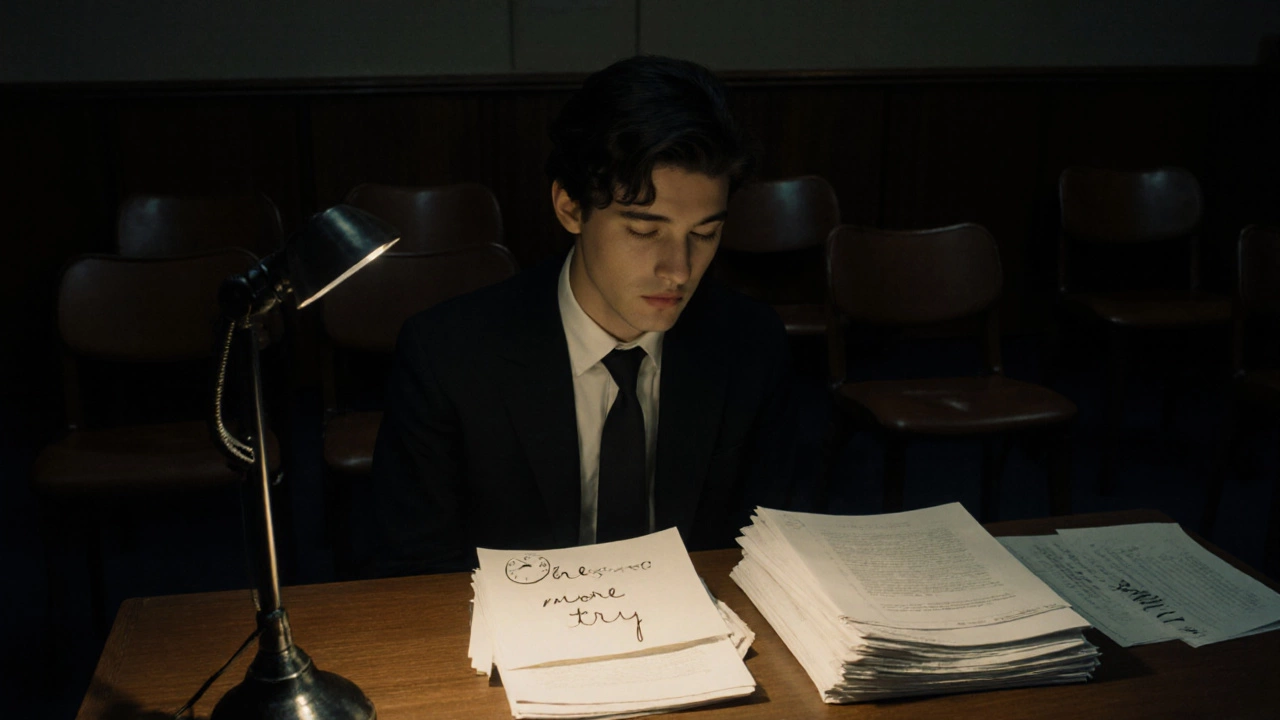 A lawyer working alone under a lamp with a clock and legal papers in the background.