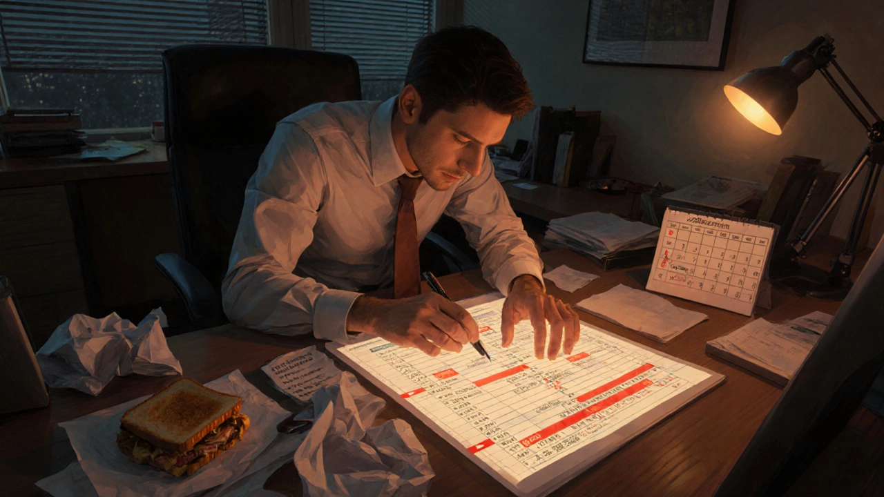 An accountant reviewing financial data late at night with a cluttered desk.