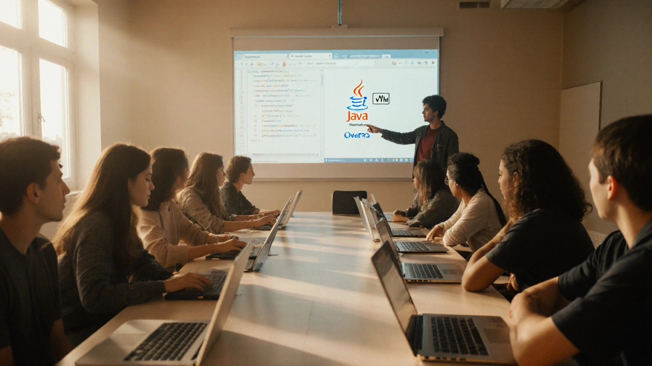 Coding class with students at laptops and a teacher projecting HTML page and Java bytecode on screen.