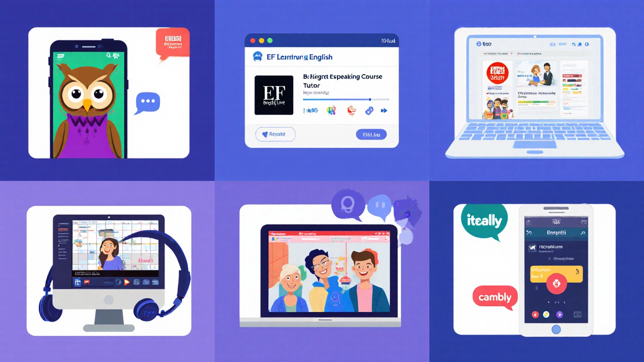 Collage of six devices showing Duolingo, Rosetta Stone, BBC, EF Live, italki, and Cambly in action.