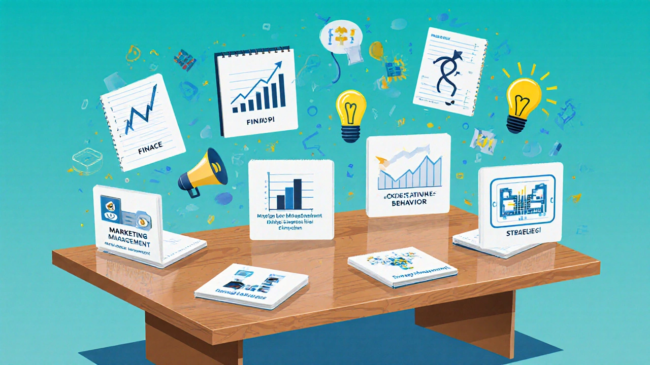 Conference table with open notebooks and floating icons representing MBA core subjects and specializations.