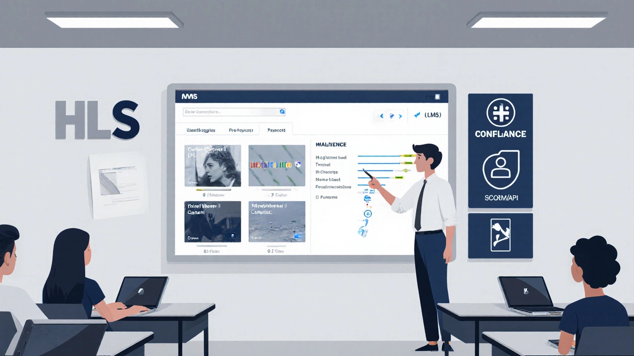Corporate training room with instructor pointing at an LMS screen showing course modules and progress bars.