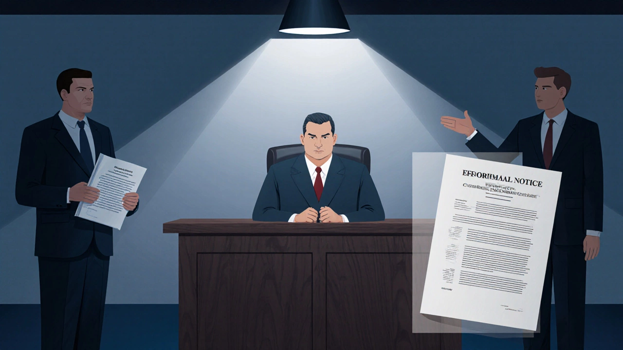 Courtroom scene showing a hearing with a civil servant, union rep, and formal documents.