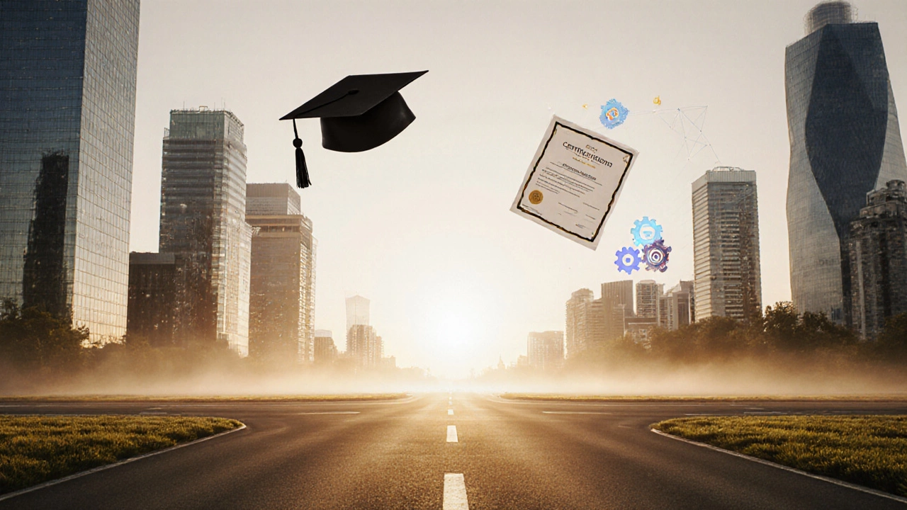 Crossroads at sunset showing two paths: one with MBA symbols, the other with certification icons.