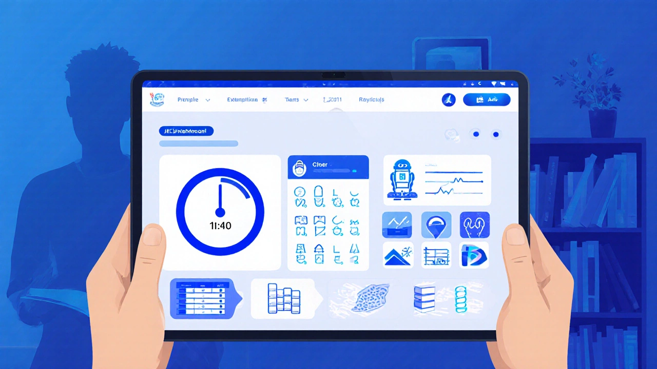 Digital dashboard displaying JEE mock test timer, AI doubt‑solver and past papers.