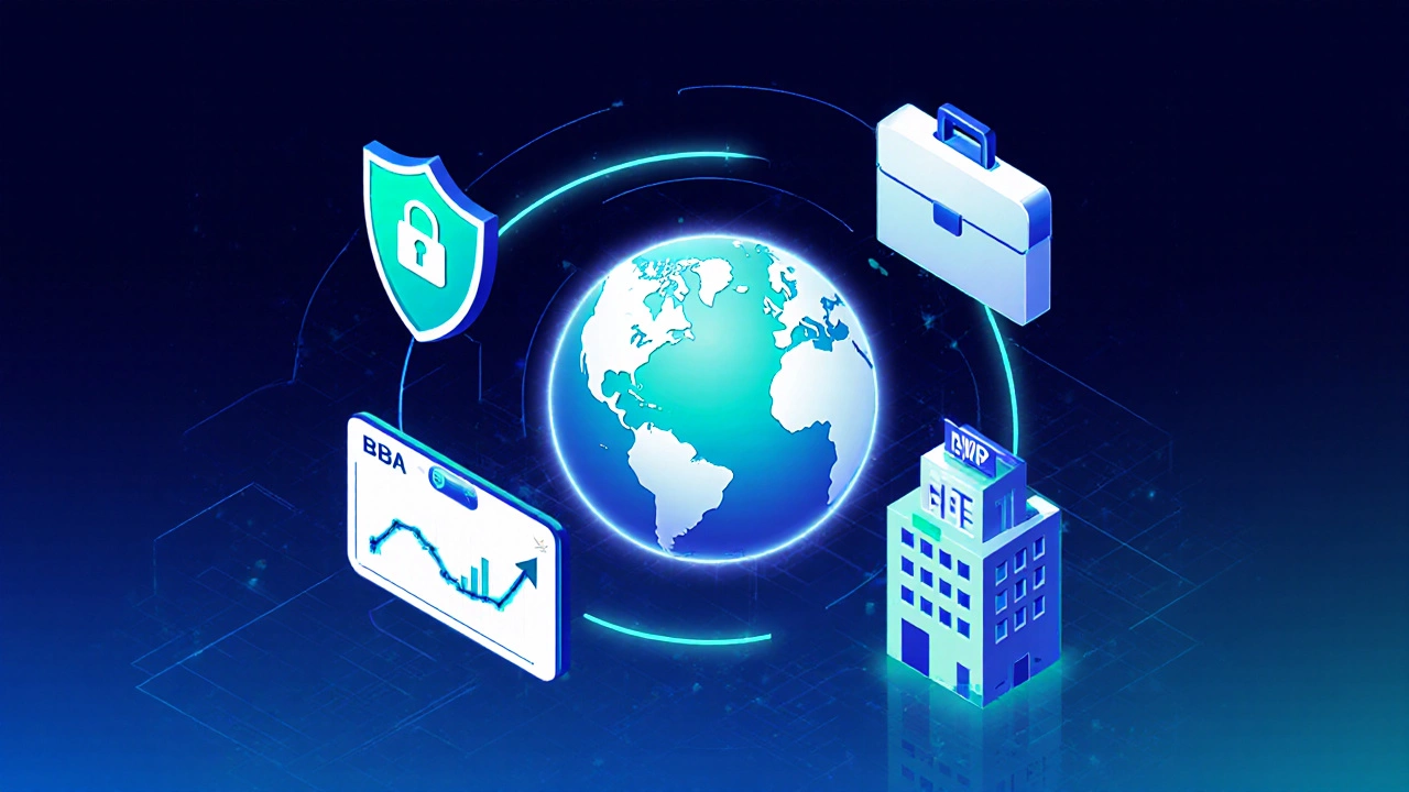 Floating icons for cybersecurity, business, data analytics, project management, and healthcare in a virtual space.