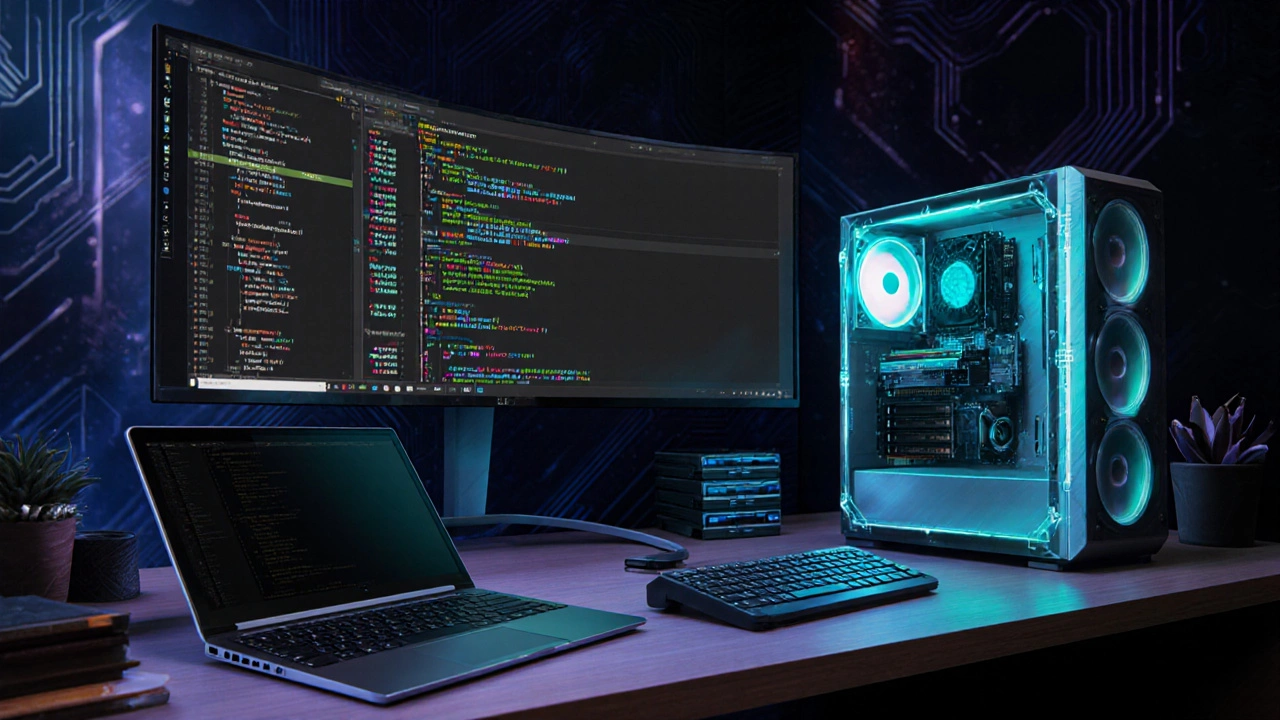 Futuristic studio showing entry‑level laptop, mid‑range desktop, and high‑end workstation.