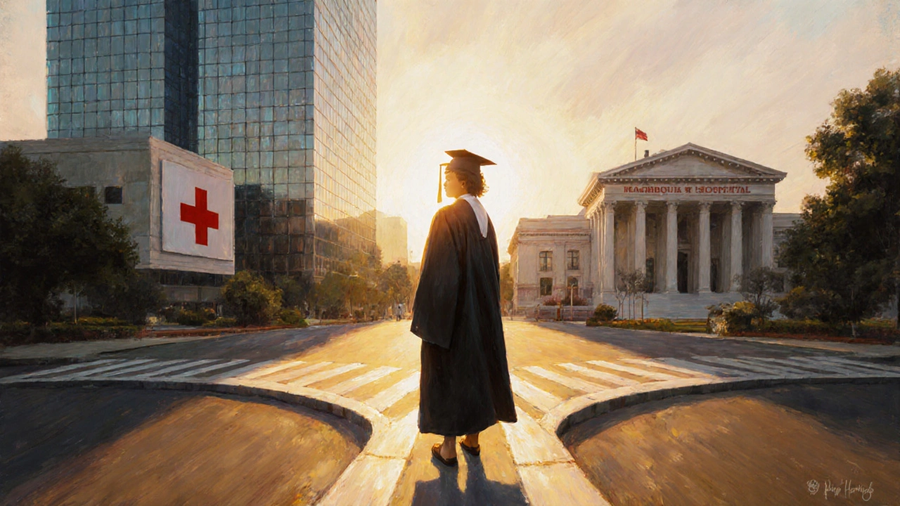 Graduate in cap and gown at a crossroads leading to tech, medical, and government careers.