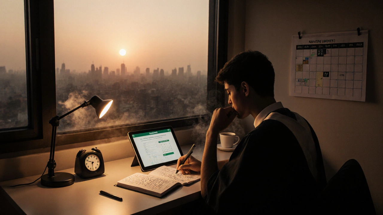Graduate intensely studying at a desk with calendar and laptop, ready for exam prep.