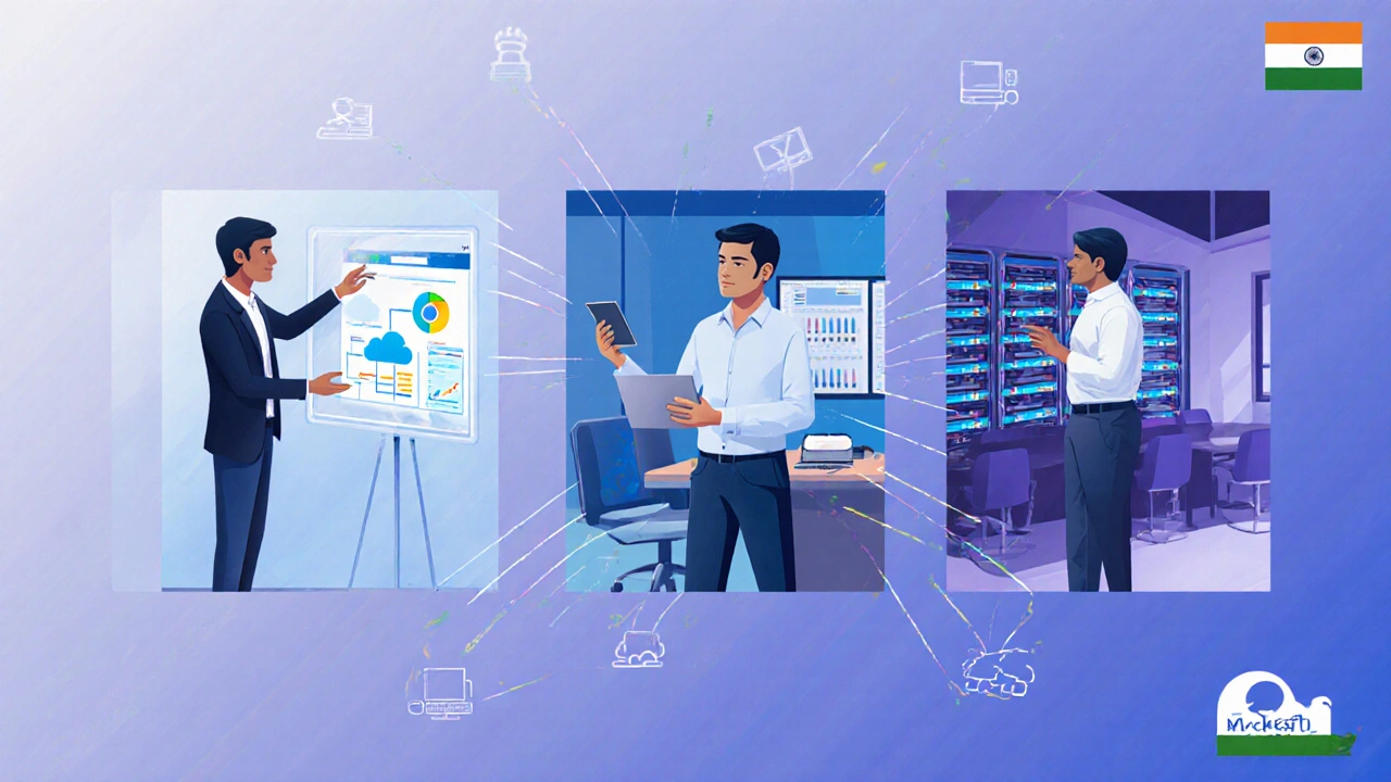 Illustration of Sundar Pichai, Satya Nadella, and Padmasree Warrior leading tech projects.