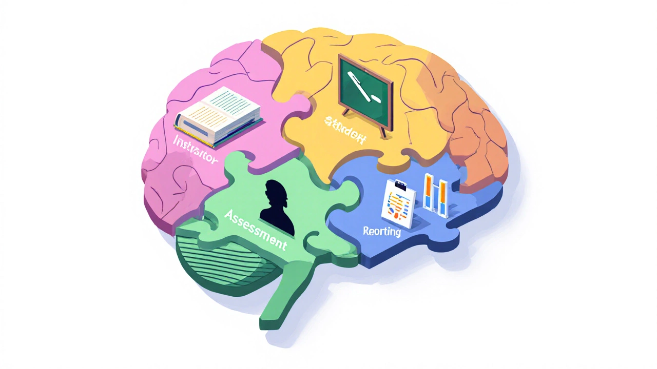 Isometric puzzle pieces labeled Course, Student, Instructor, Assessment, Reporting forming a brain.