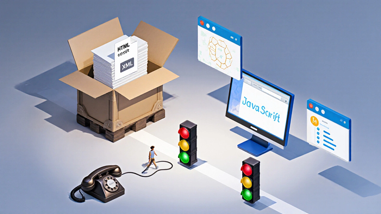 Isometric scene showing a content package box, a telephone cord to a laptop, and traffic lights guiding a learner avatar.
