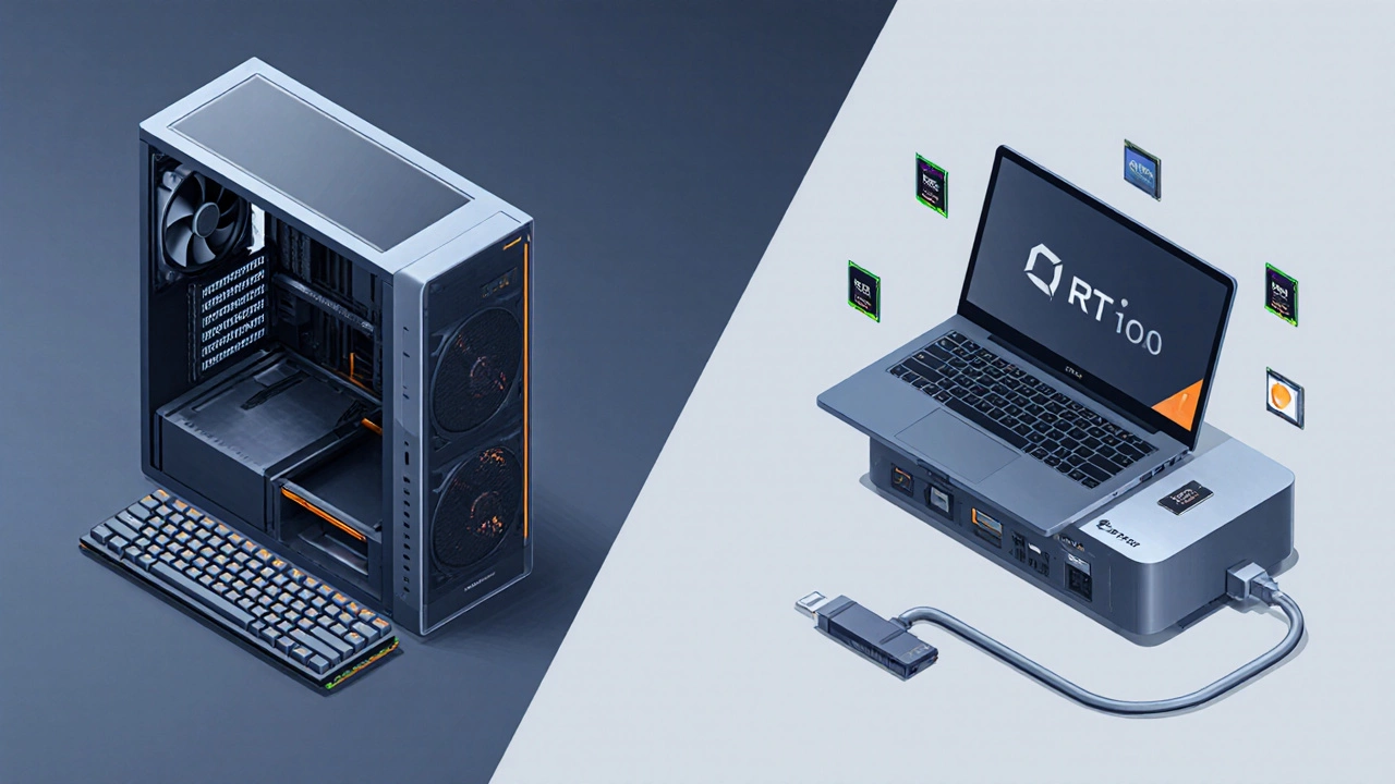 Isometric split view of a desktop setup and a laptop dock with hardware icons.