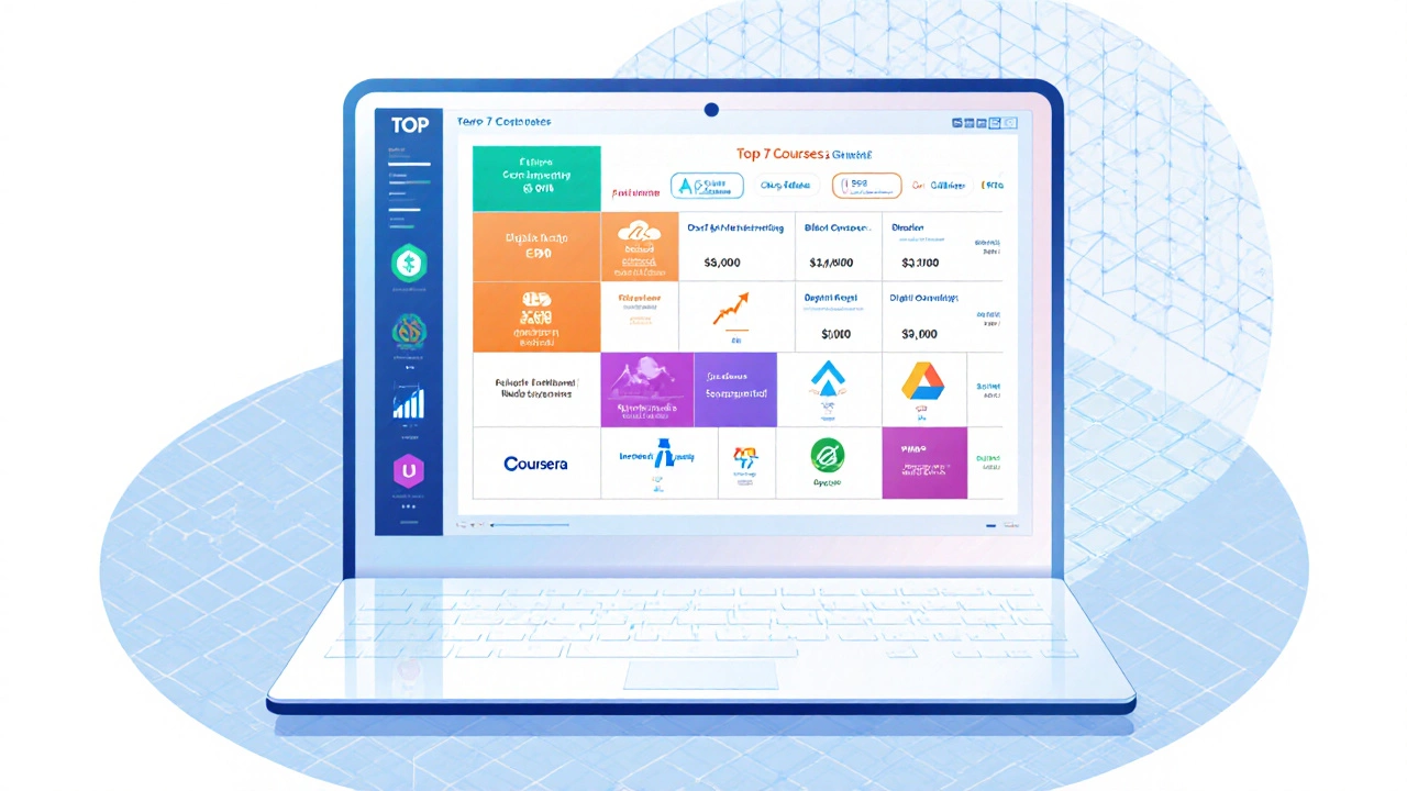 Isometric tablet view showing a table of top online courses with icons and statistics.