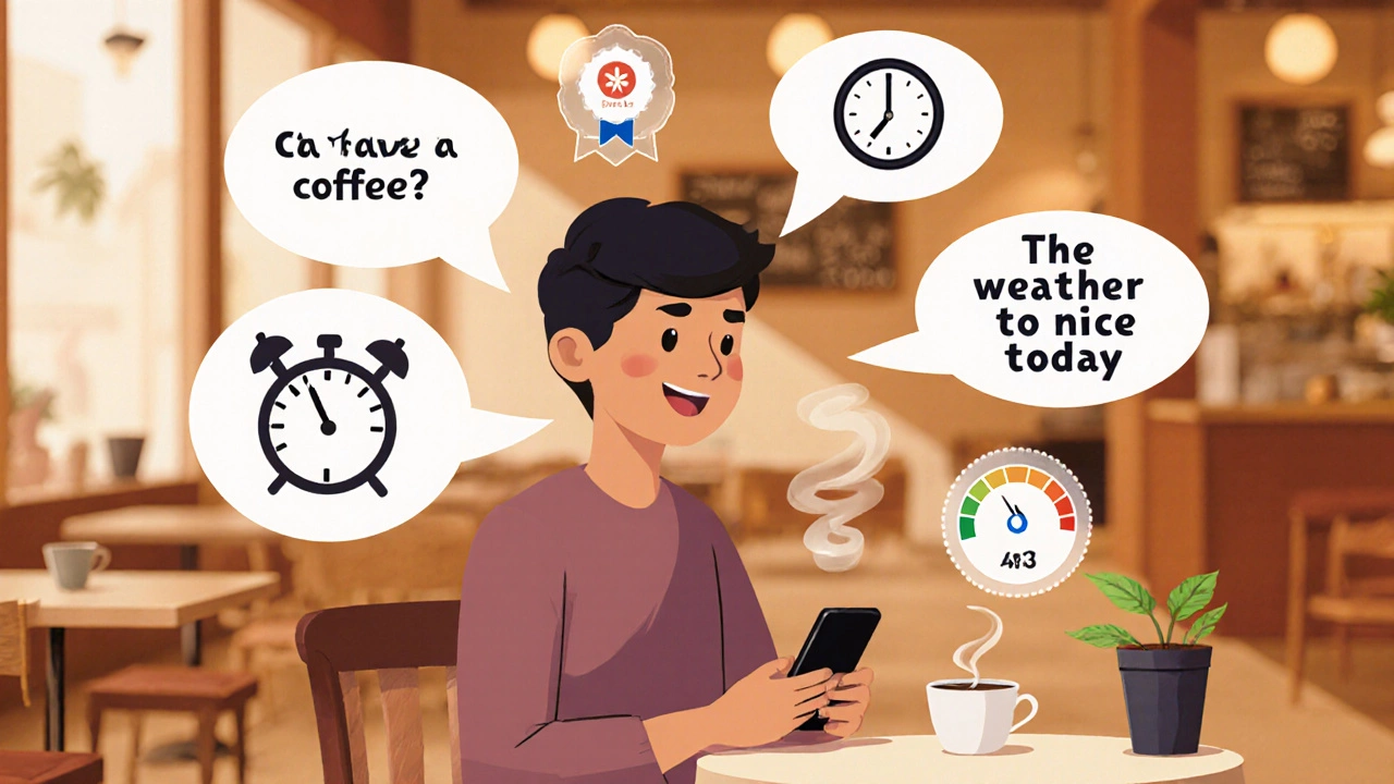 Learner speaking into phone at a café, surrounded by English speech bubbles and progress icons.