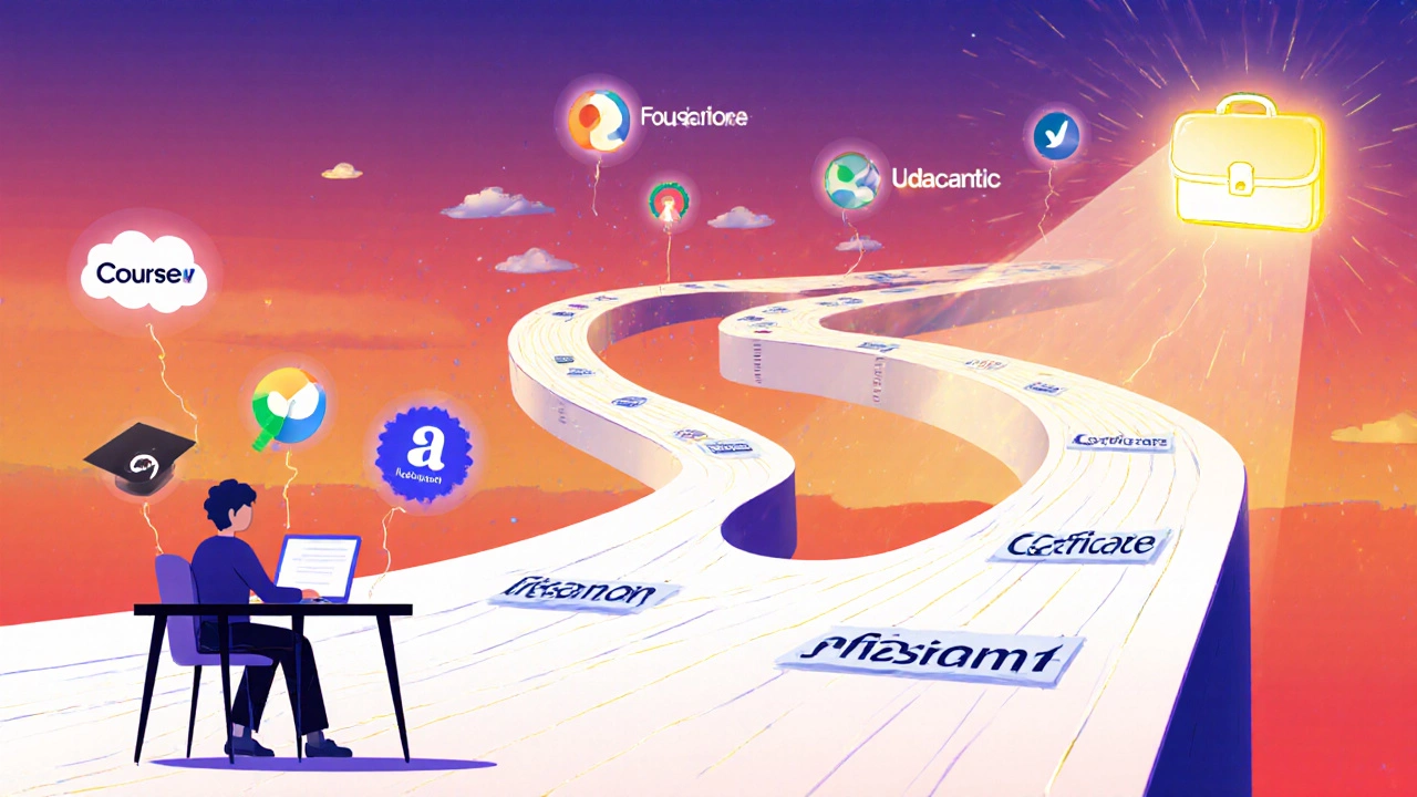 Learner surrounded by floating course icons follows a light roadmap to a glowing briefcase.