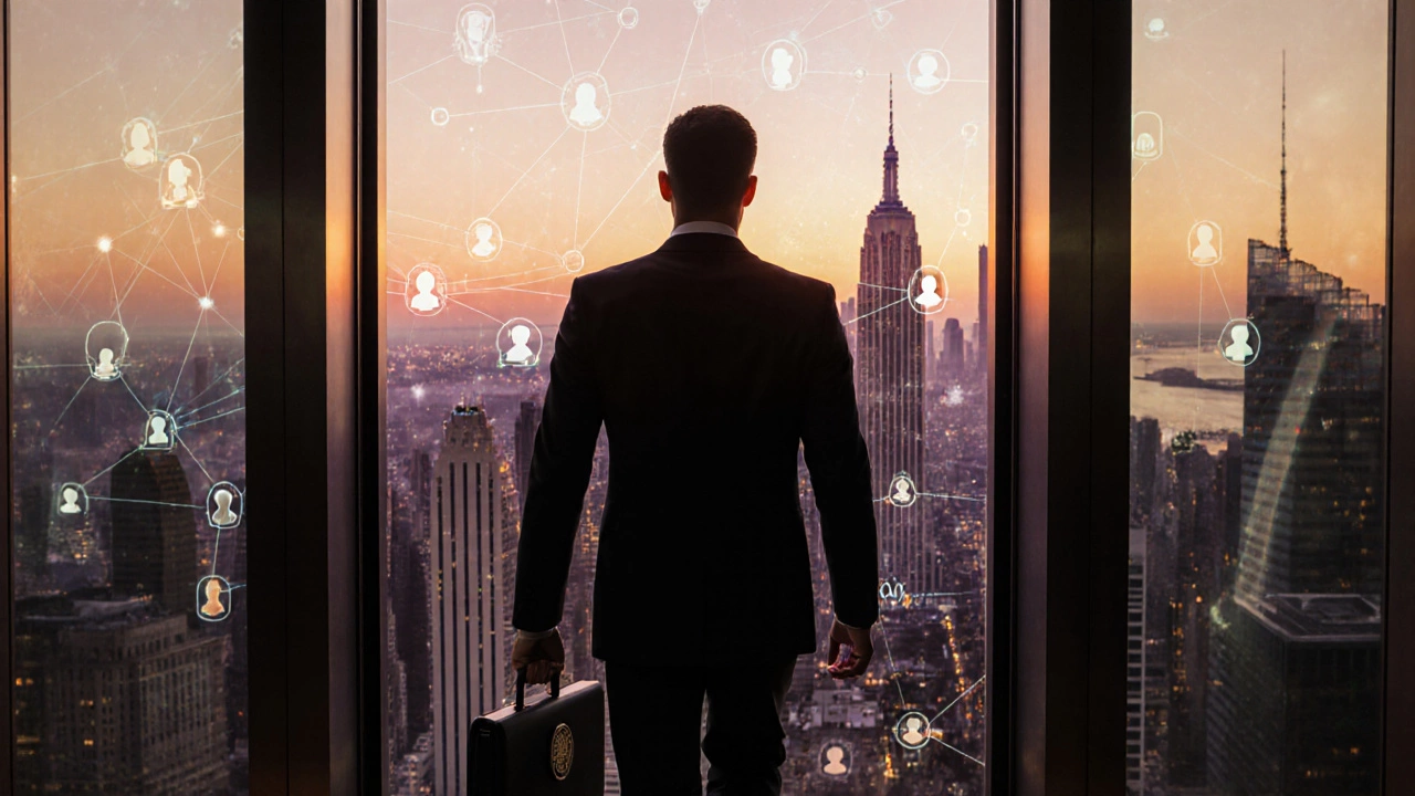 MBA graduate in a suit stepping onto a sunset city skyline, surrounded by glowing network connections.