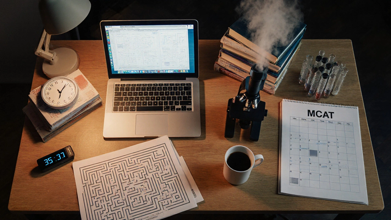 Overhead view of LSAT study desk with logic puzzles and MCAT desk with science books and microscope.