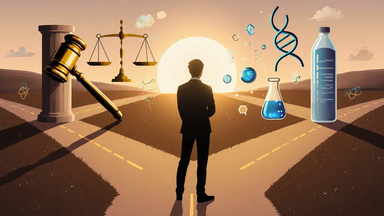 Person at a fork in the road, left side law symbols, right side science icons, dusk lighting.