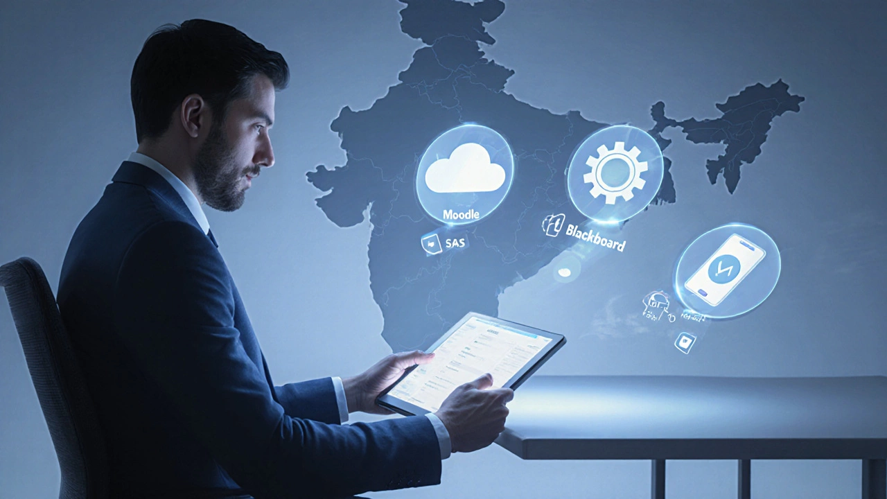 Person holding tablet with holographic LMS icons and feature symbols, set in a cool-lit room.