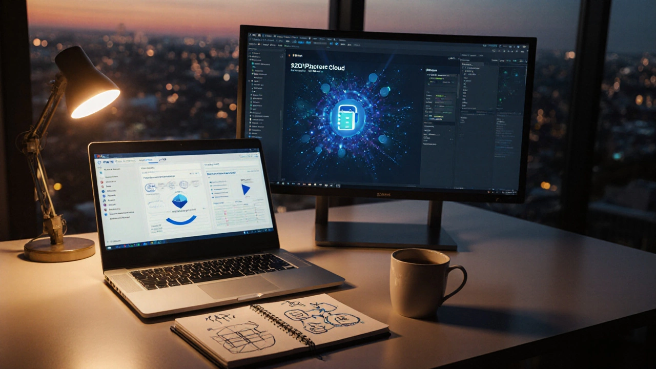 Photorealistic office desk with laptop showing SCORM Cloud, another screen with LMS, and a sketch of standards comparison.