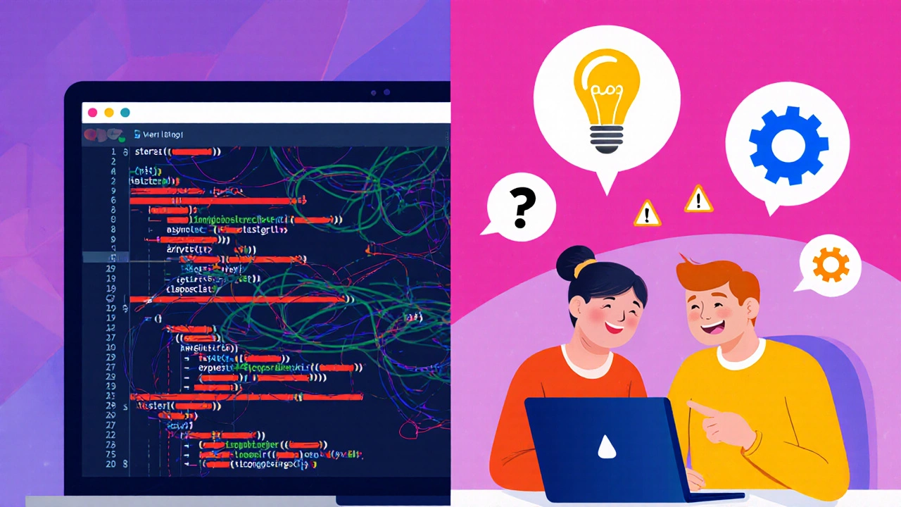Split illustration: chaotic error‑filled code vs. supportive pair programming session.