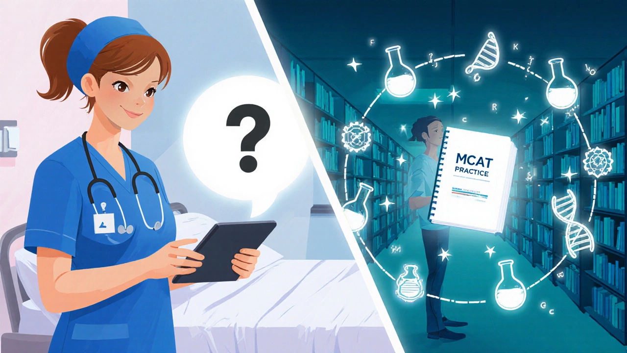 Split illustration of a nurse with an adaptive test tablet and a pre‑med student surrounded by science icons.
