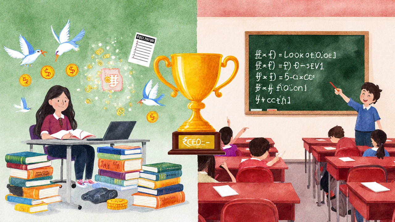 Split scene contrasting self‑study at home with coaching classroom, highlighting cost and flexibility.