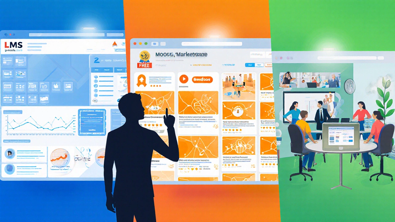 Split‑screen illustration comparing LMS, MOOC, and virtual classroom platforms with a person deciding.