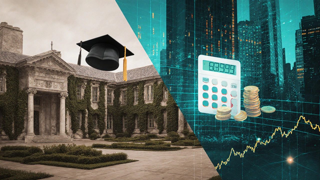 Split view of a historic campus beside a financial district with a calculator and coins.