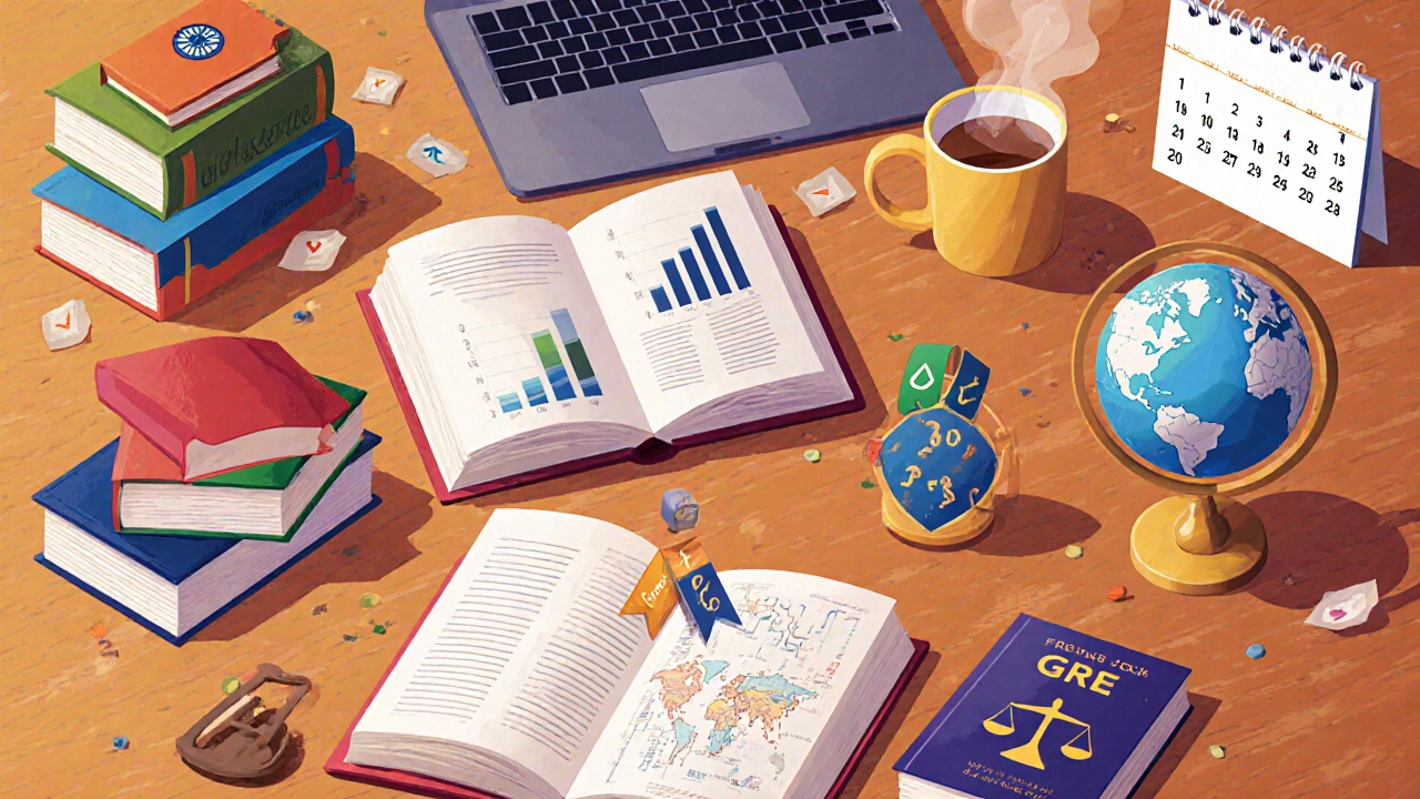 Study desk filled with books and items representing different competitive exams.
