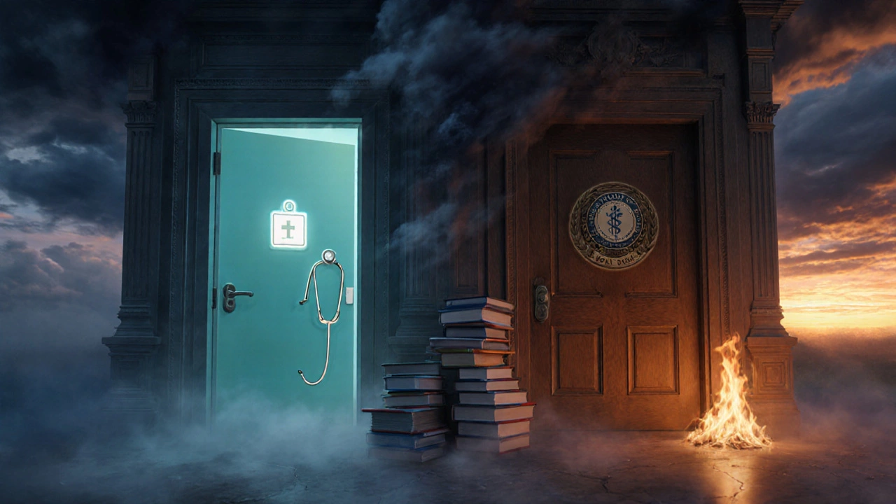 Surreal scale balancing a nurse badge door and a MCAT school door under a twilight sky.