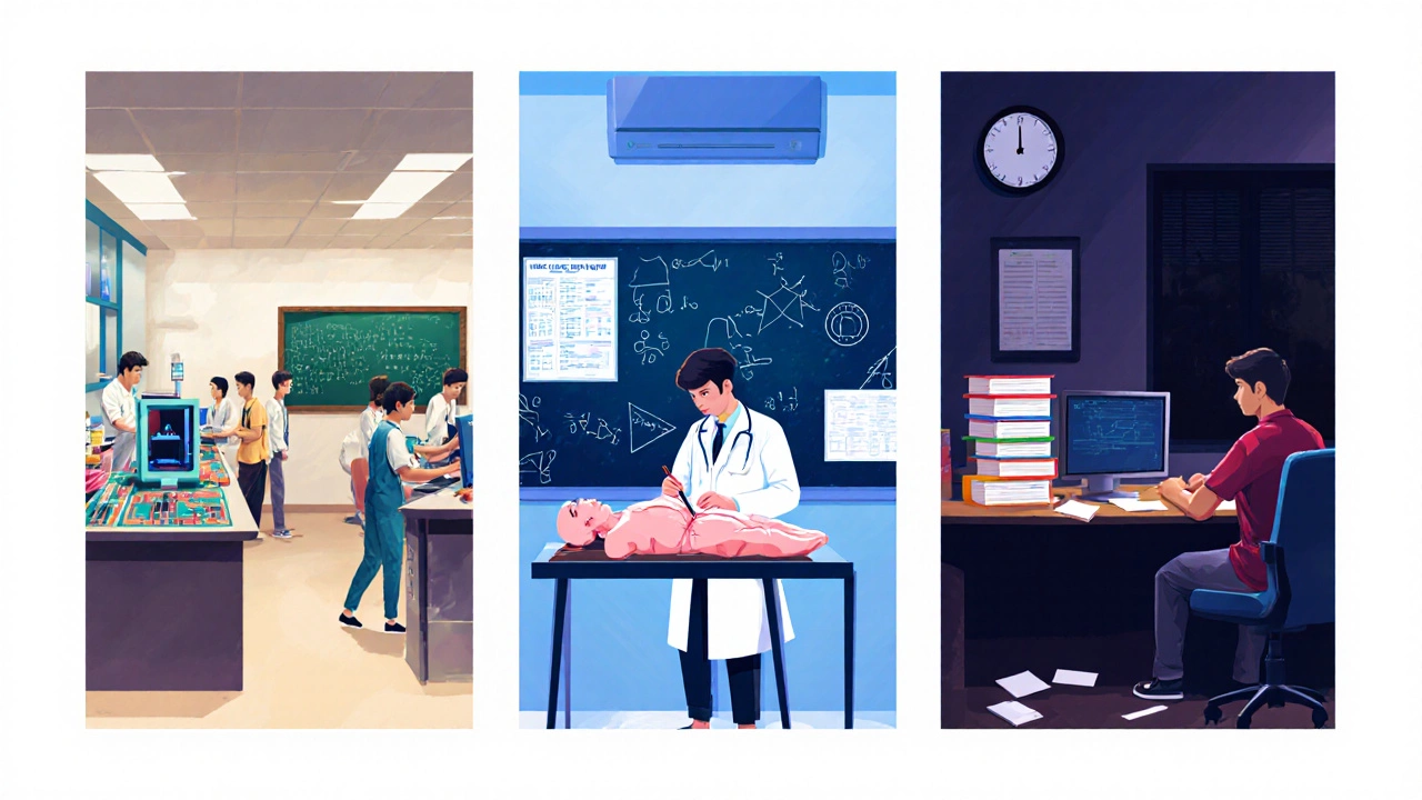 Three-panel illustration of IIT lab, AIIMS hospital, and UPSC study room.