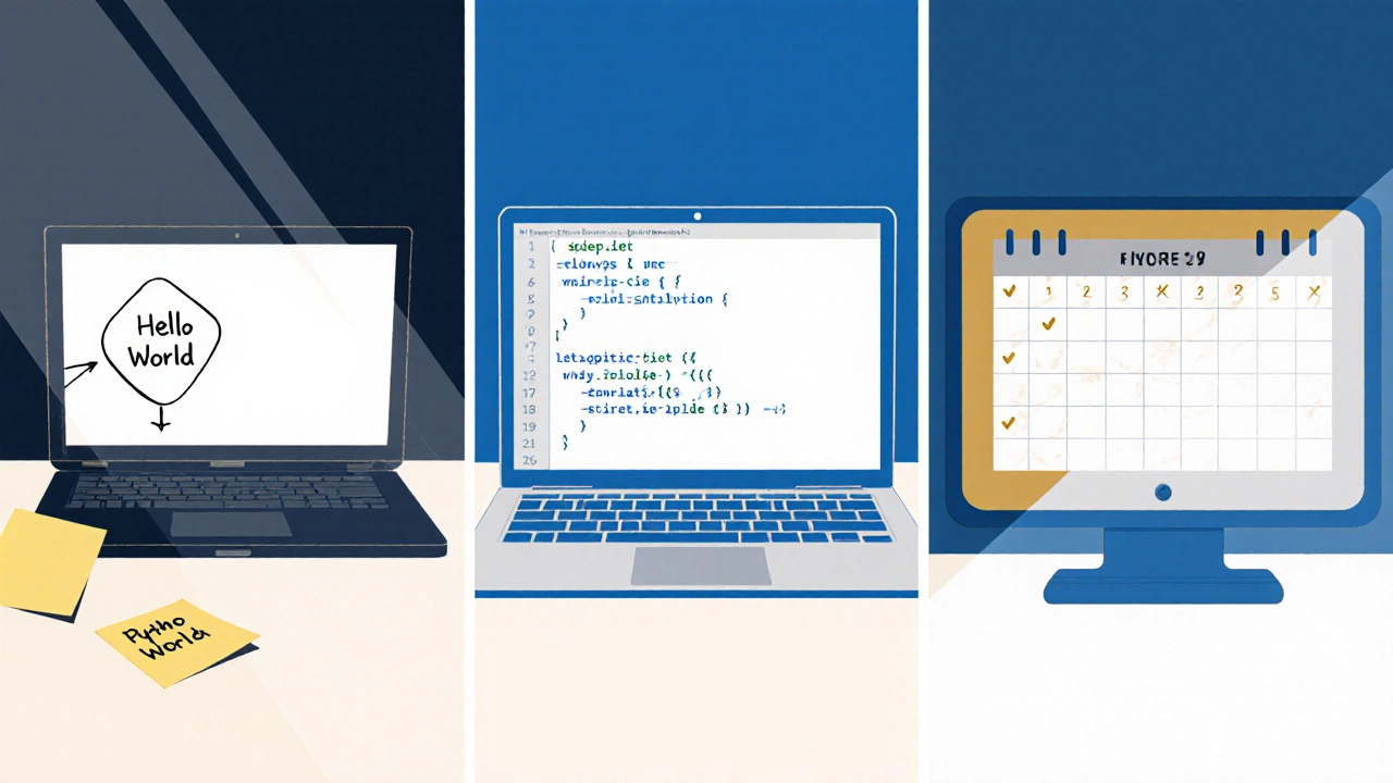 Three‑panel progression from Hello World note to flowchart to budget tracker app.