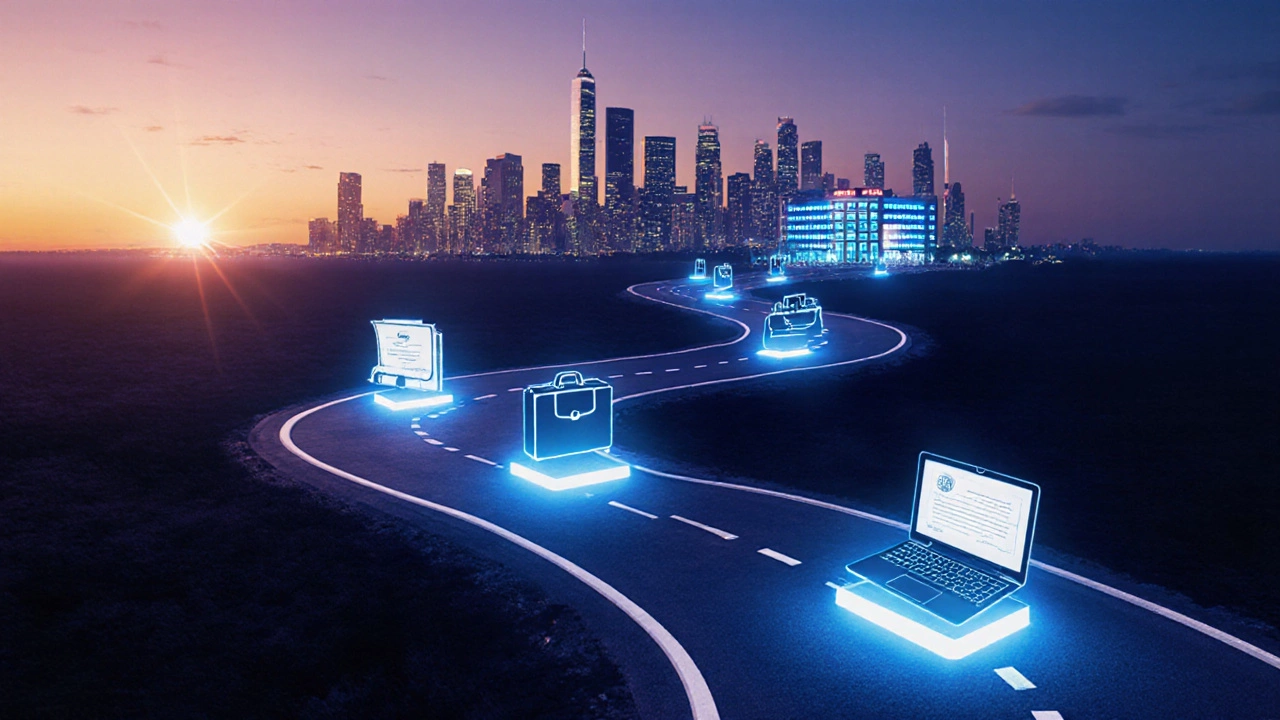 Winding digital road with milestones leading to a city skyline of corporate and hospital buildings.