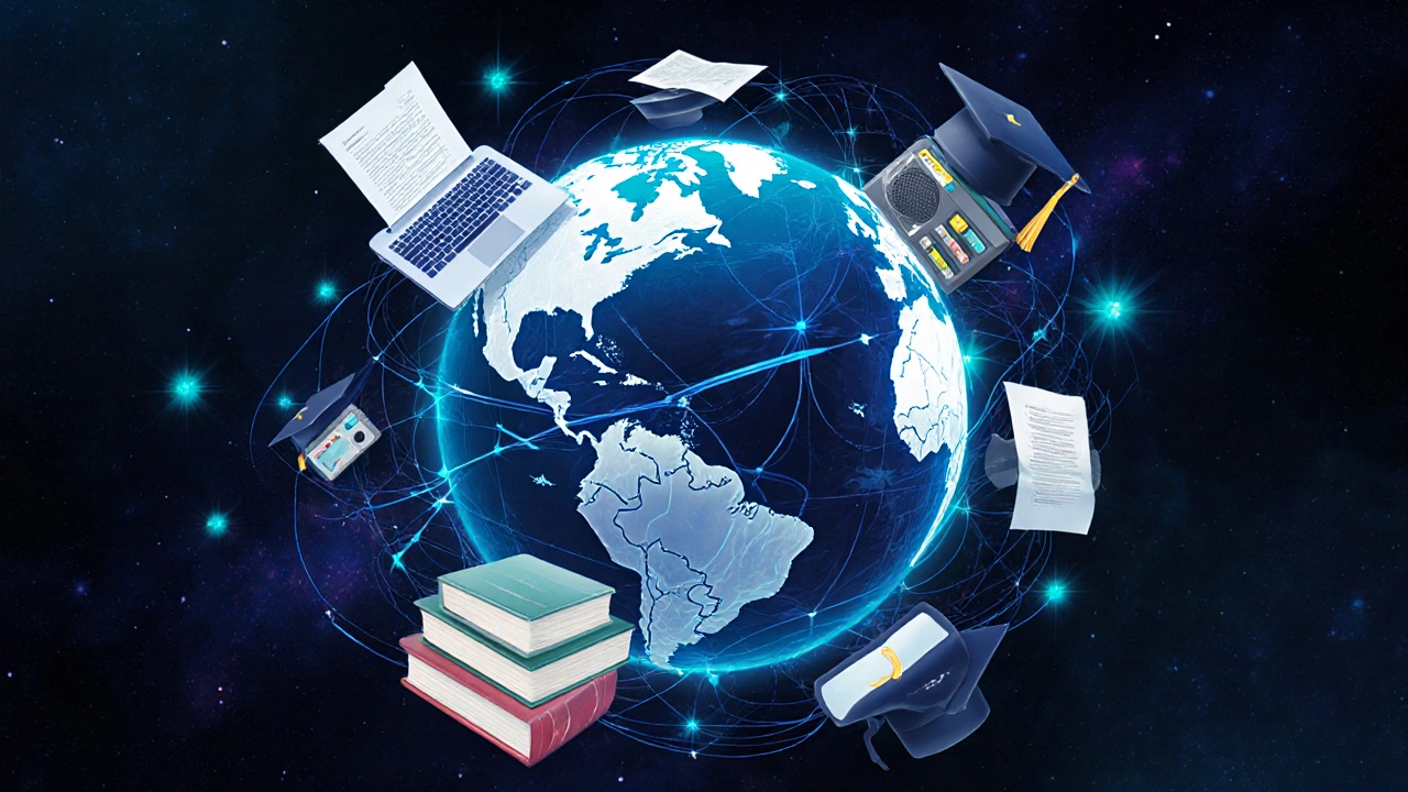 A globe constructed from educational tools like books, radios, and VR headsets, connected by glowing light paths.