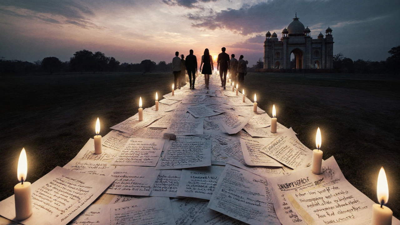 A glowing roadmap of notes leads from a rural school to a medical college, lit by candlelight.