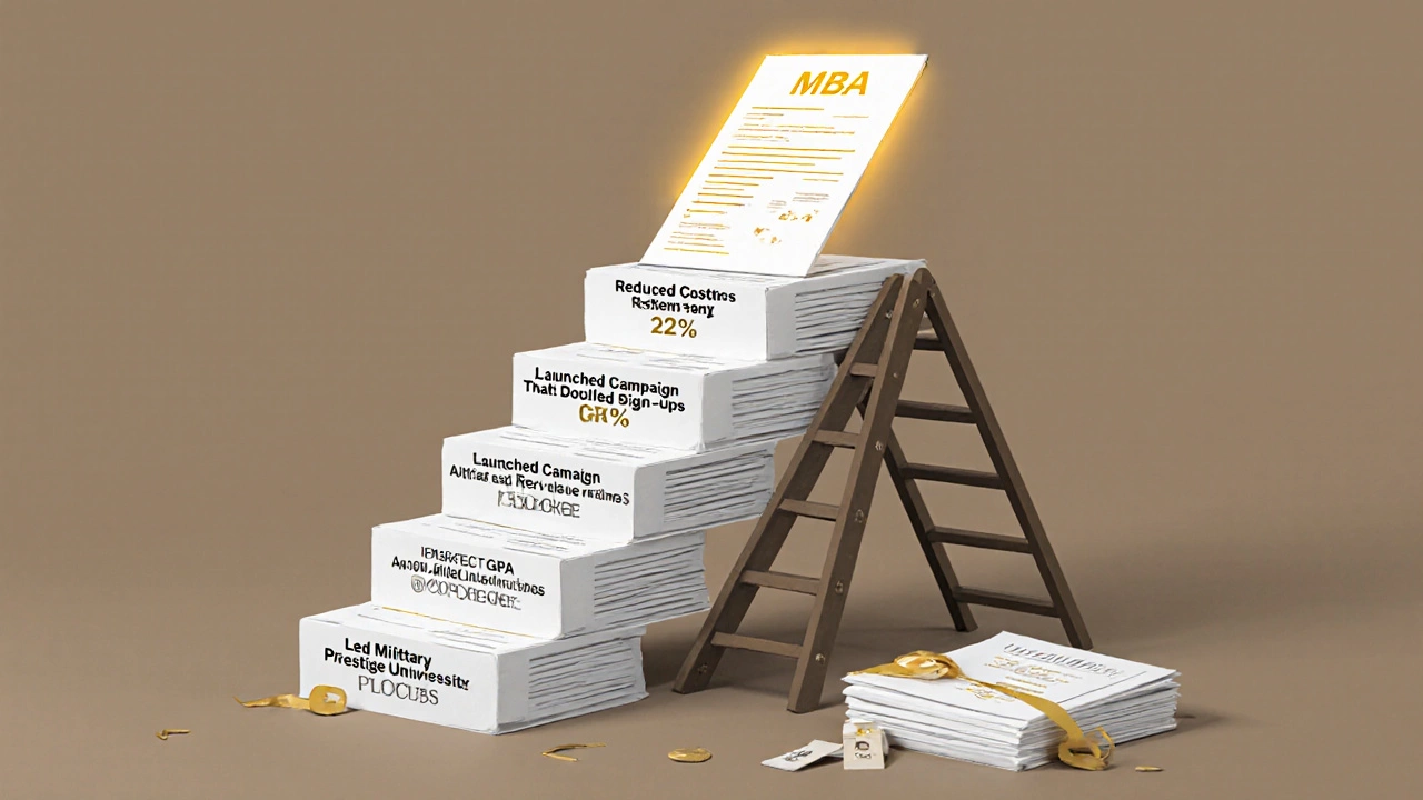 A ladder of real-world achievements rising toward an MBA diploma, with generic credentials discarded below.