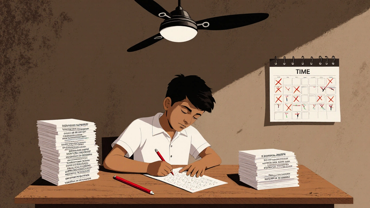 A student takes a timed mock exam with stacked past papers, focused under a ceiling fan.