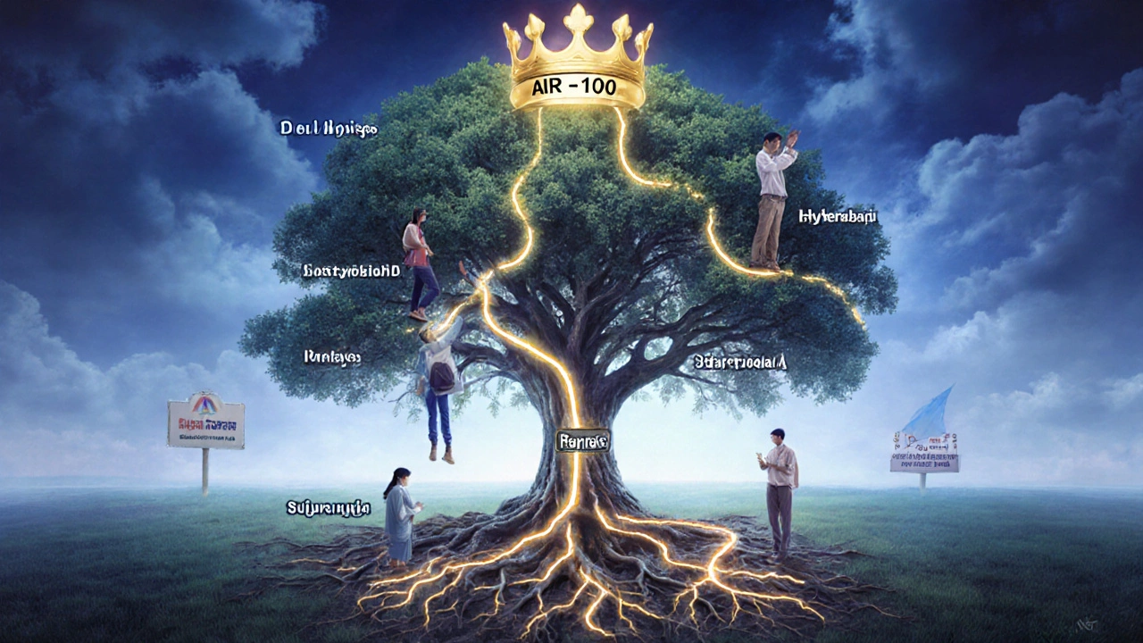 A symbolic tree with roots labeled &#039;Allen Career Institute&#039; and branches leading students from across India to top NEET ranks.