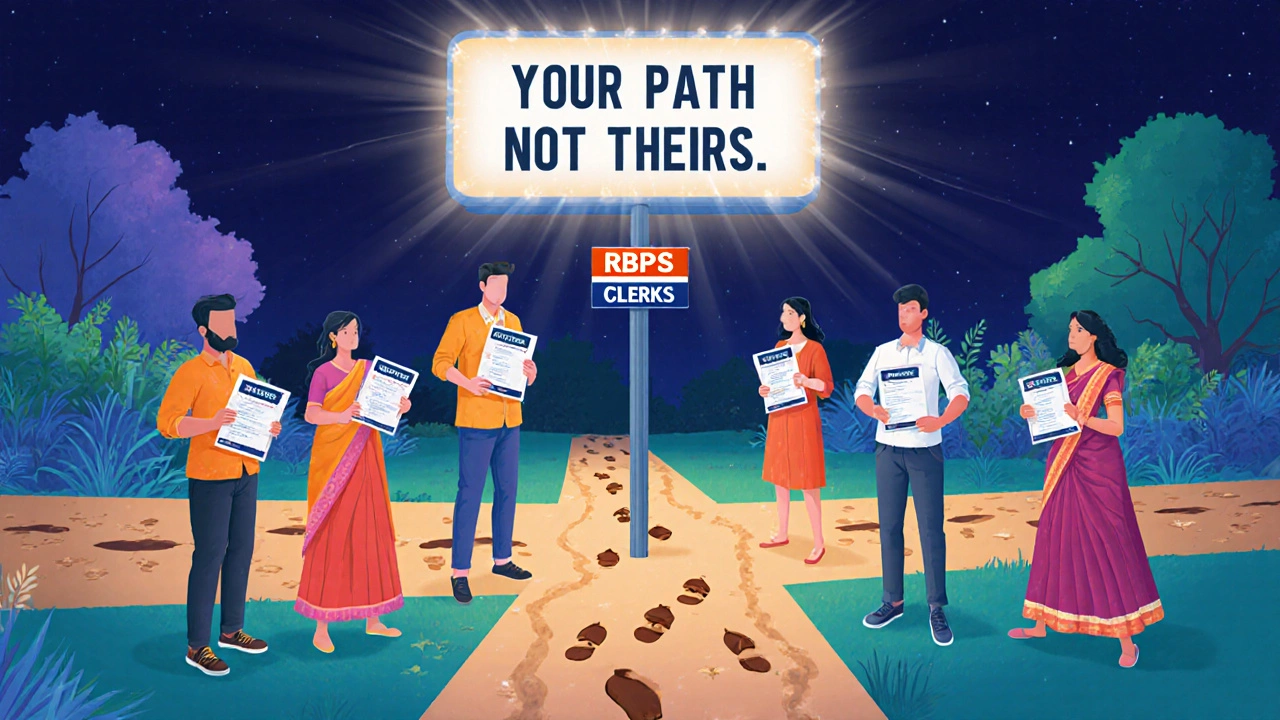 Diverse candidates at a crossroads holding different government exam brochures.