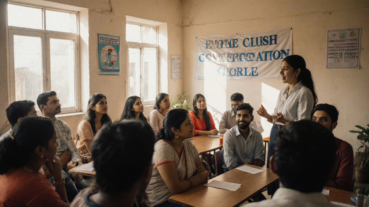 Diverse group practicing free English conversation in a library meeting room.