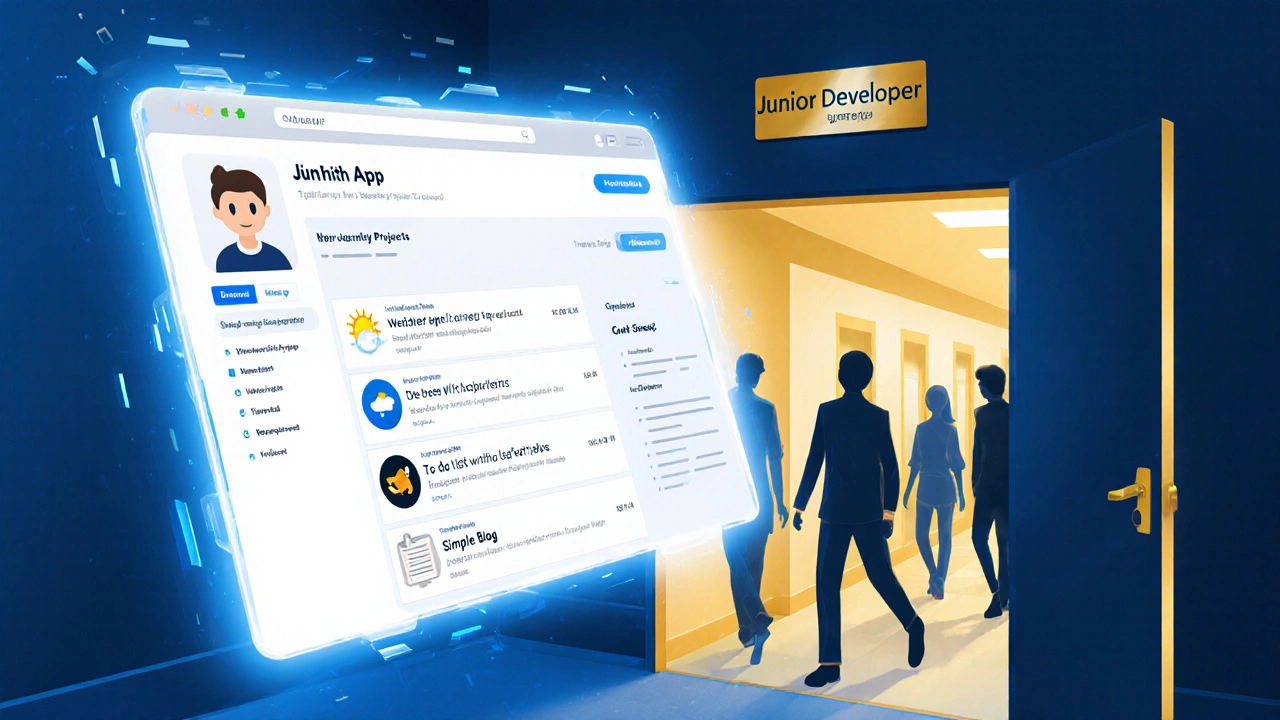 Floating GitHub projects glowing as a door labeled &#039;Junior Developer&#039; opens into a bright hallway.