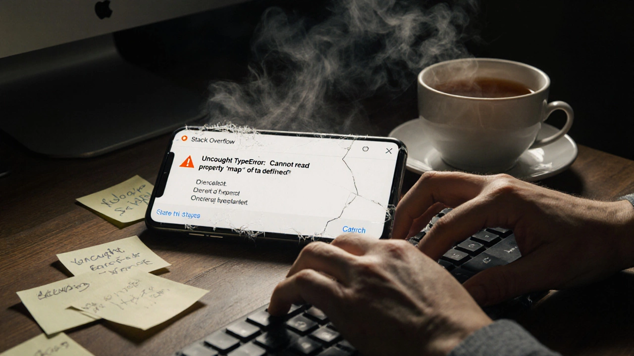 Hands typing on a keyboard beside a phone showing a coding error, with sticky notes filled with debugging notes.