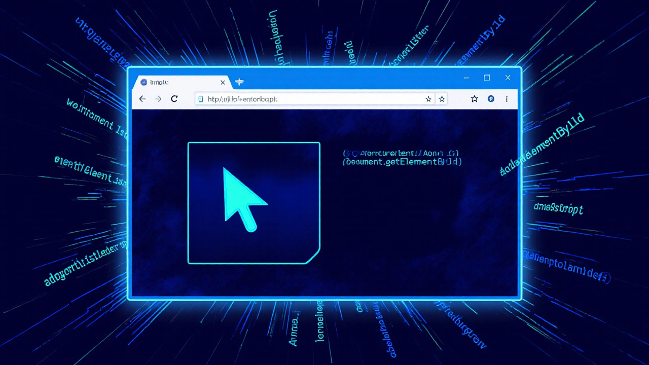 Interactive webpage with clickable image and floating JavaScript code.