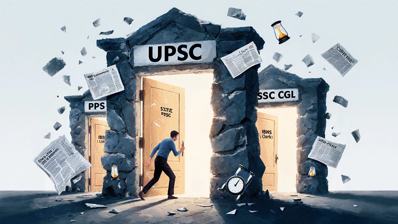 One person pushing open a massive UPSC door while smaller exam doors remain open behind.