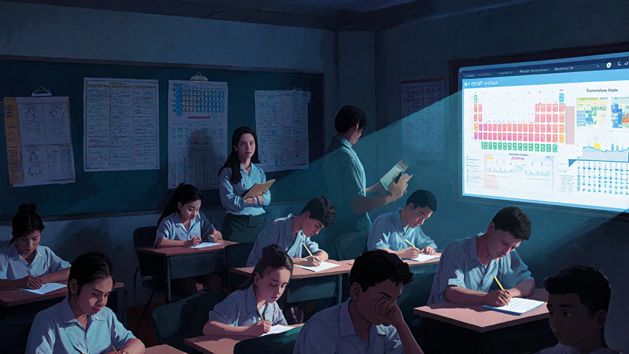 Students taking a timed NEET mock exam in a Kota coaching center, with a teacher observing and progress charts on the wall.