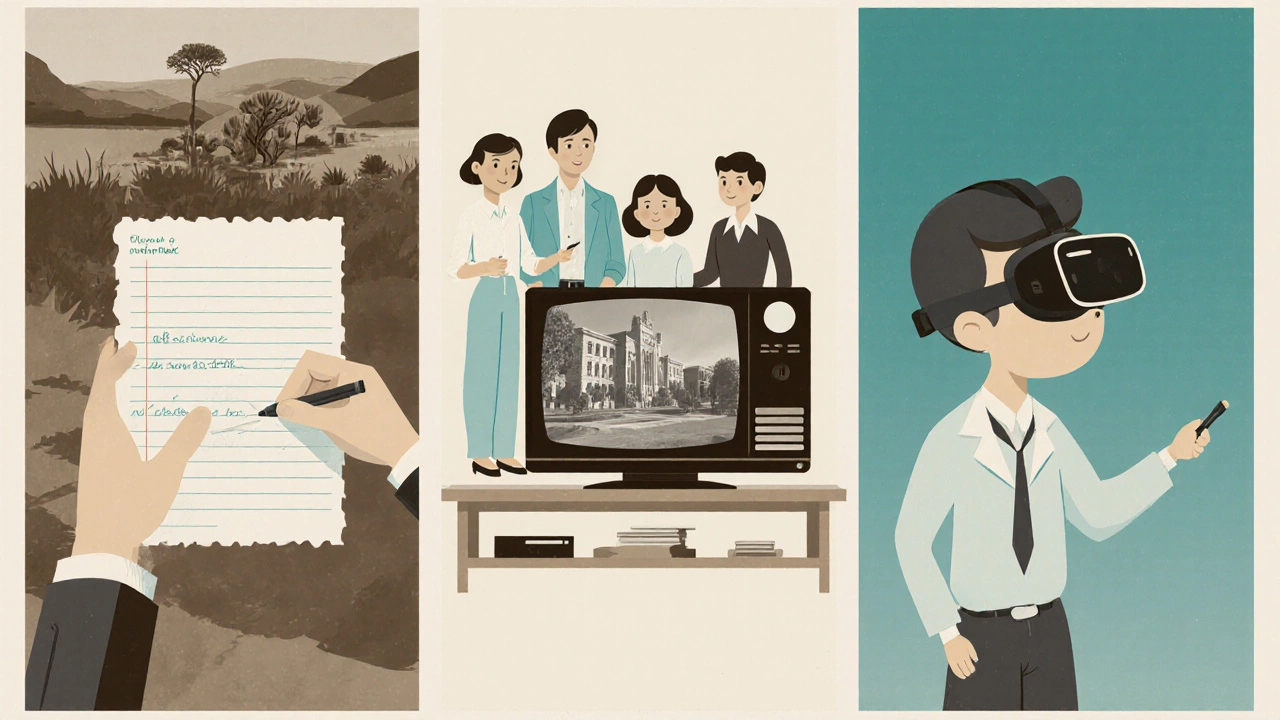 Vintage-style poster showing the evolution of distance learning from mail to TV to VR technology.