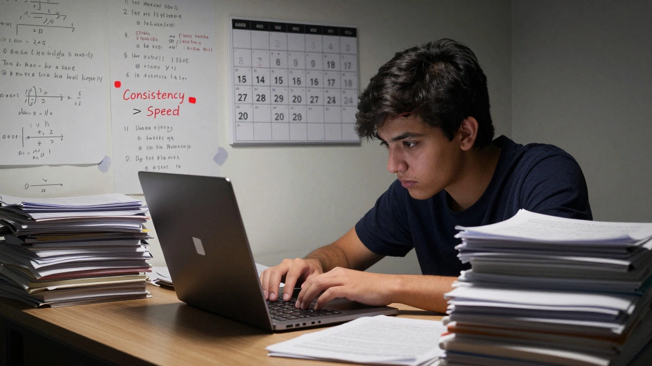 A Class 12 student reviewing mock tests and handwritten notes while watching an online JEE lecture.