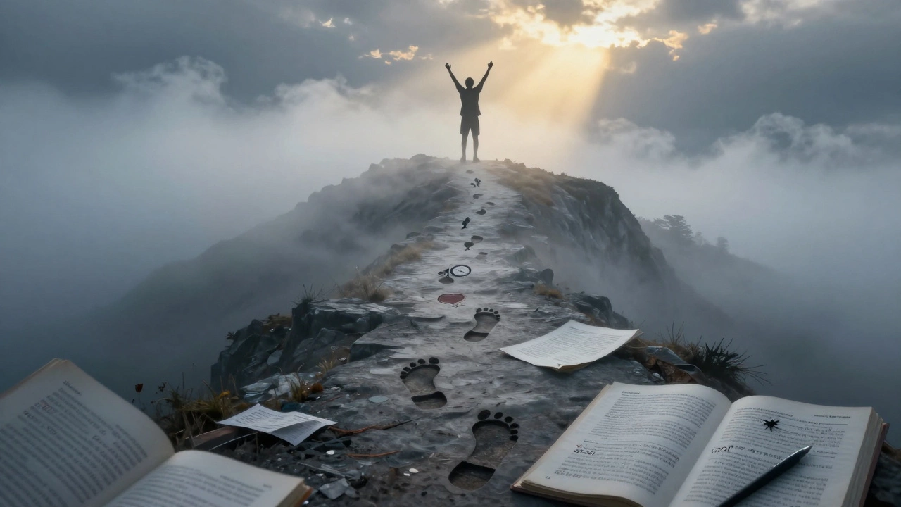A foggy mountain path with footprints and symbols representing daily English practice leading upward.